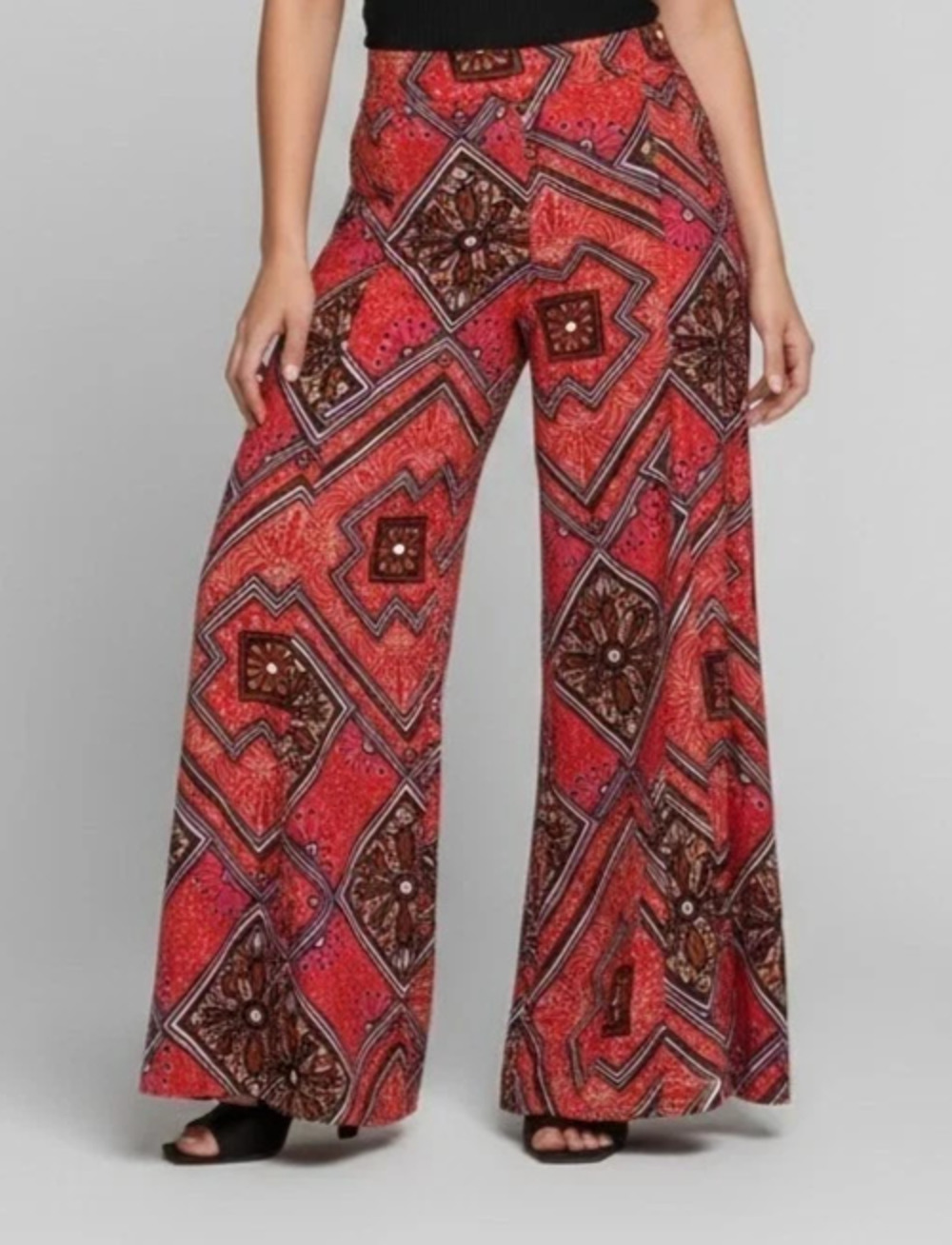 Anthropologie Boho Flowy Red Multicolor Geo Wide Leg Palazzo Pants High Rise 8